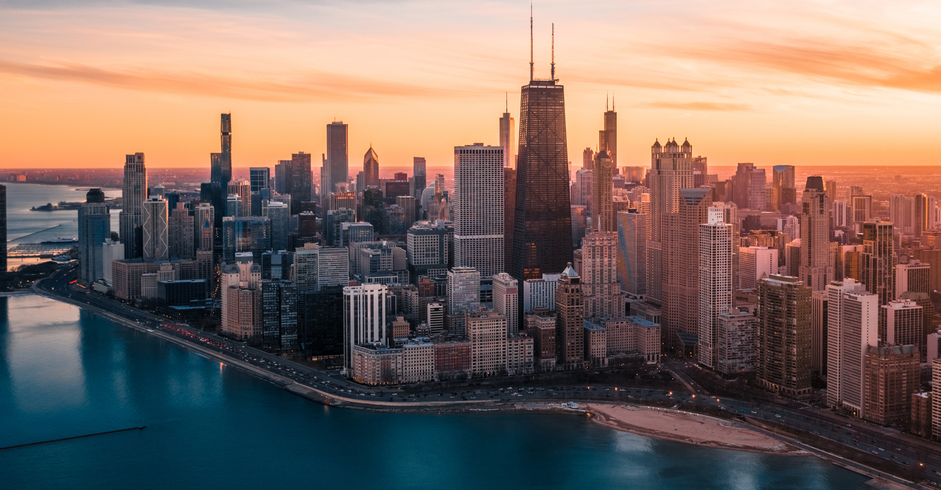 Chicago skyline at sunset